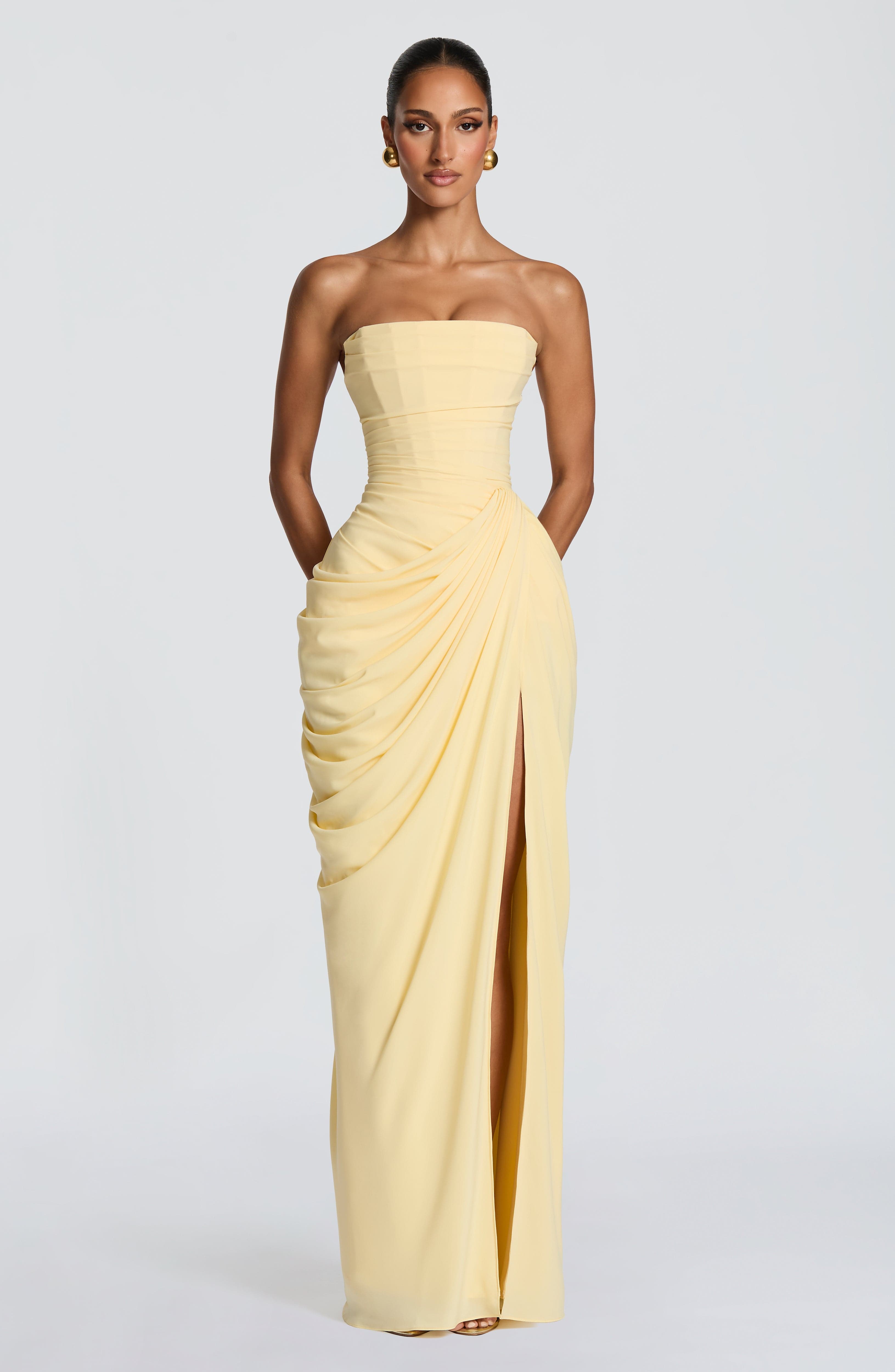 Cyra Korset Maxikjole Dame Citrongul – Chiffon med Slids