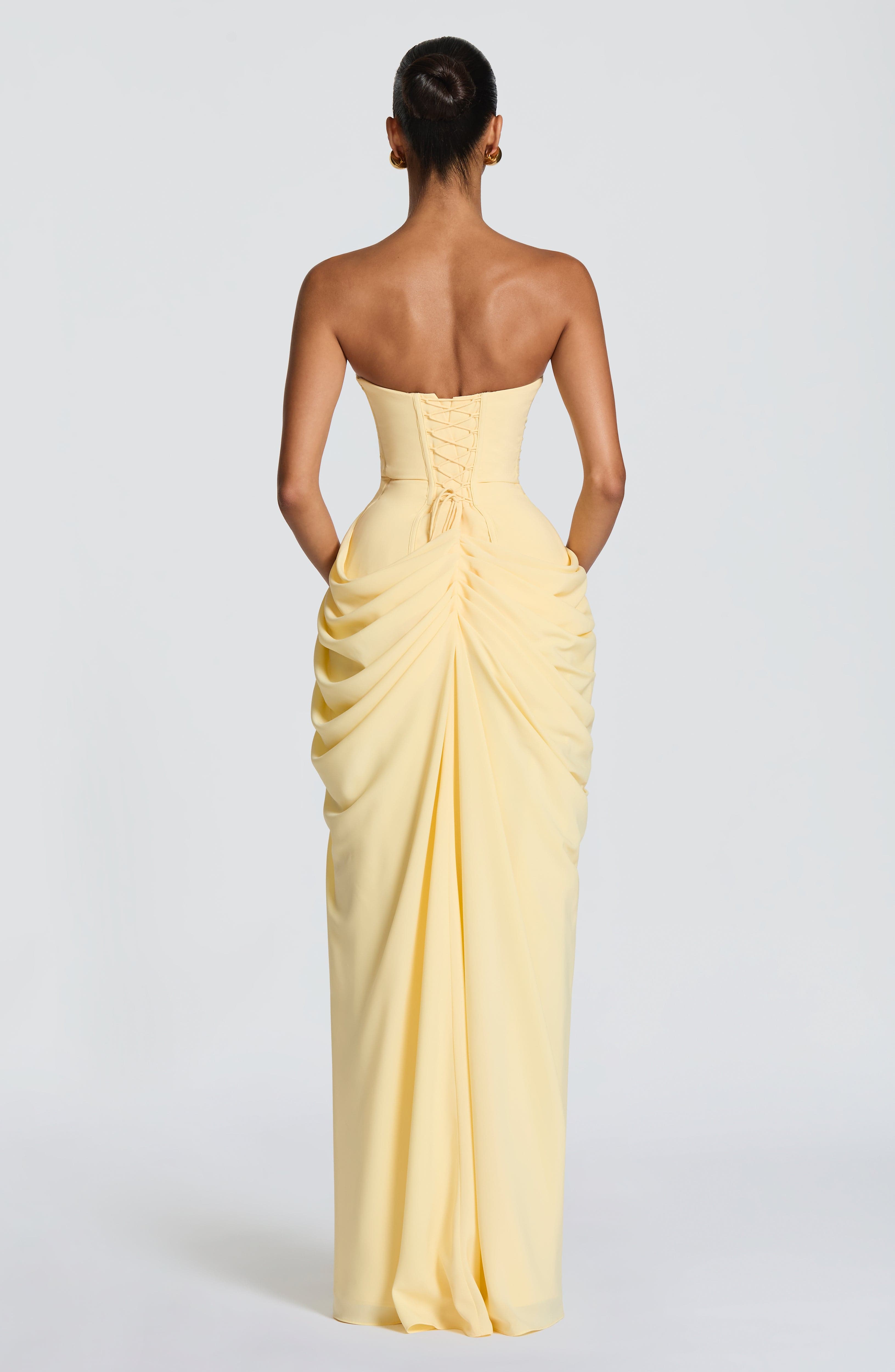 Cyra Korset Maxikjole Dame Citrongul – Chiffon med Slids