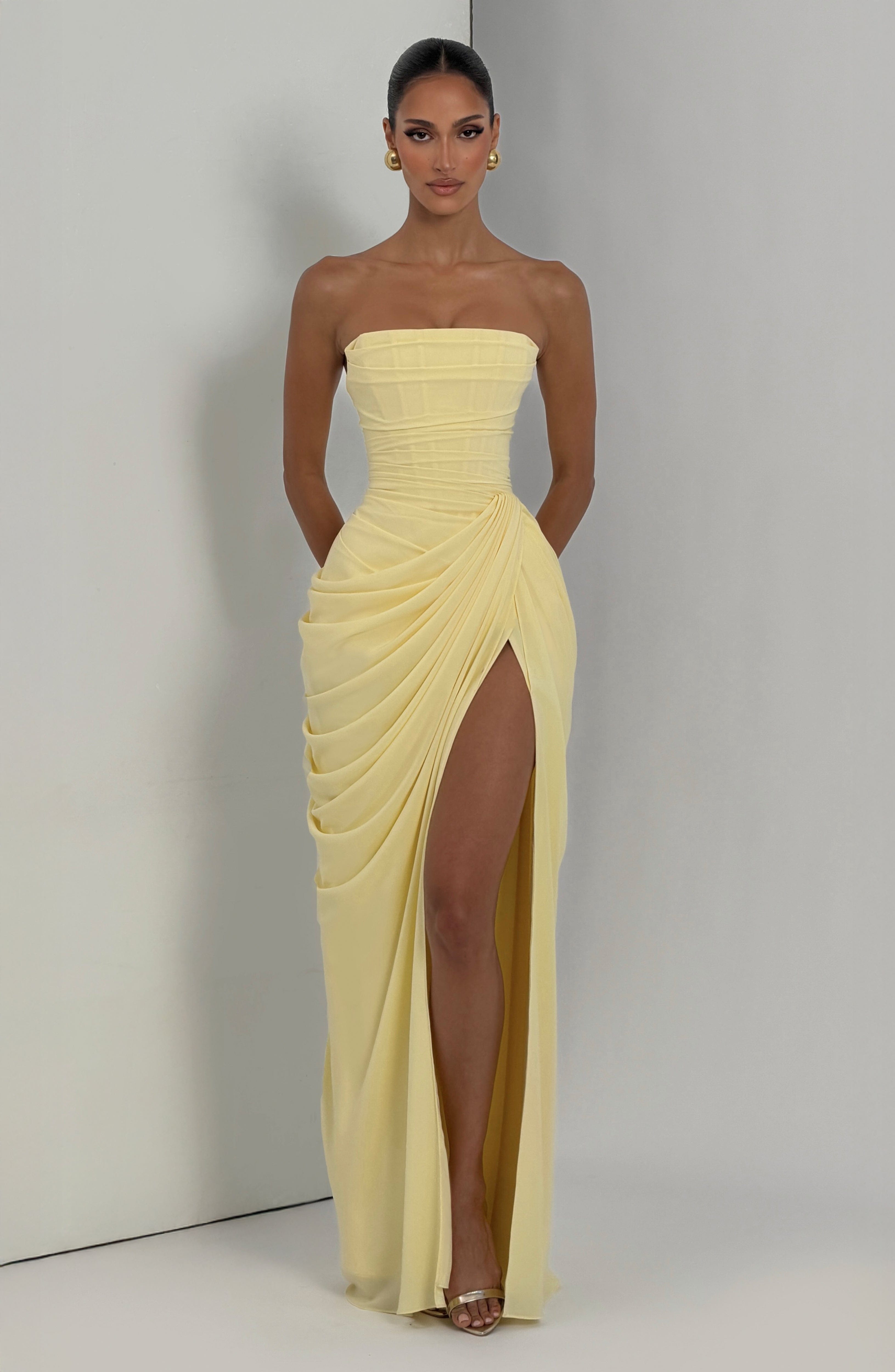 Cyra Korset Maxikjole Dame Citrongul – Chiffon med Slids