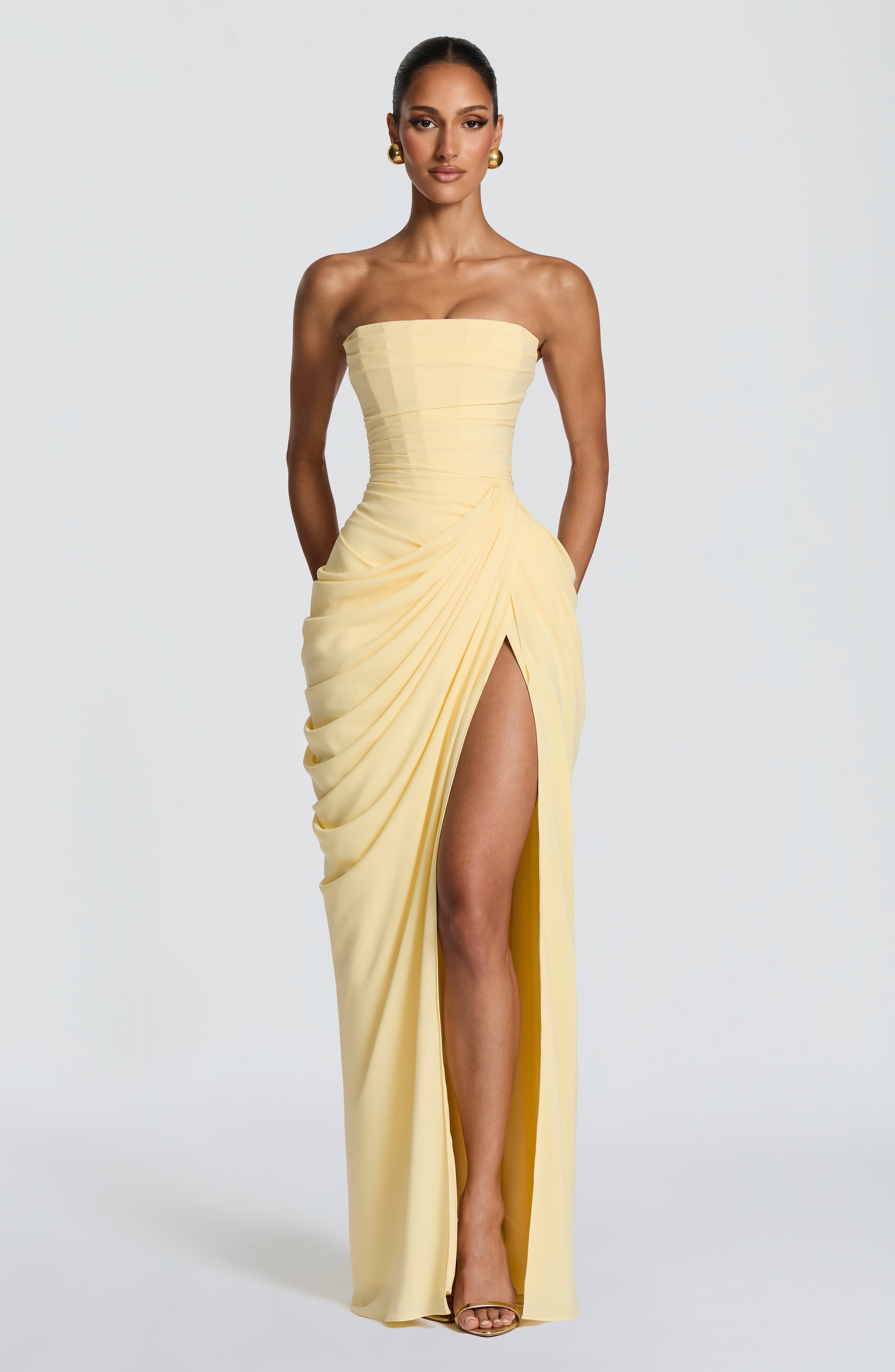 Cyra Korset Maxikjole Dame Citrongul – Chiffon med Slids