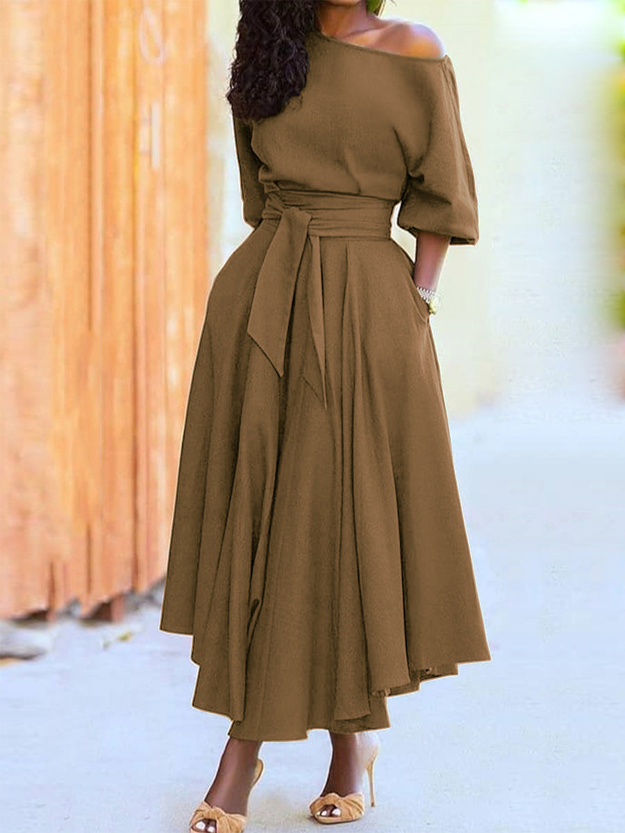 Off-Shoulder Maxikjole Dame – Bindebånd i Taljen