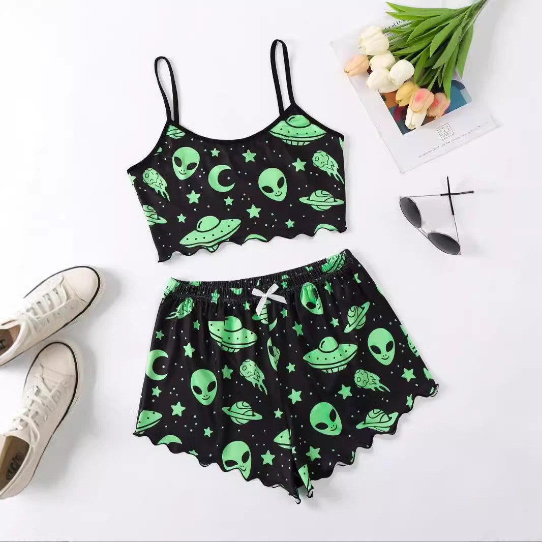 Halloween Pyjamas Dame Sæt – Græskar Print Nattøj med Cami og Shorts