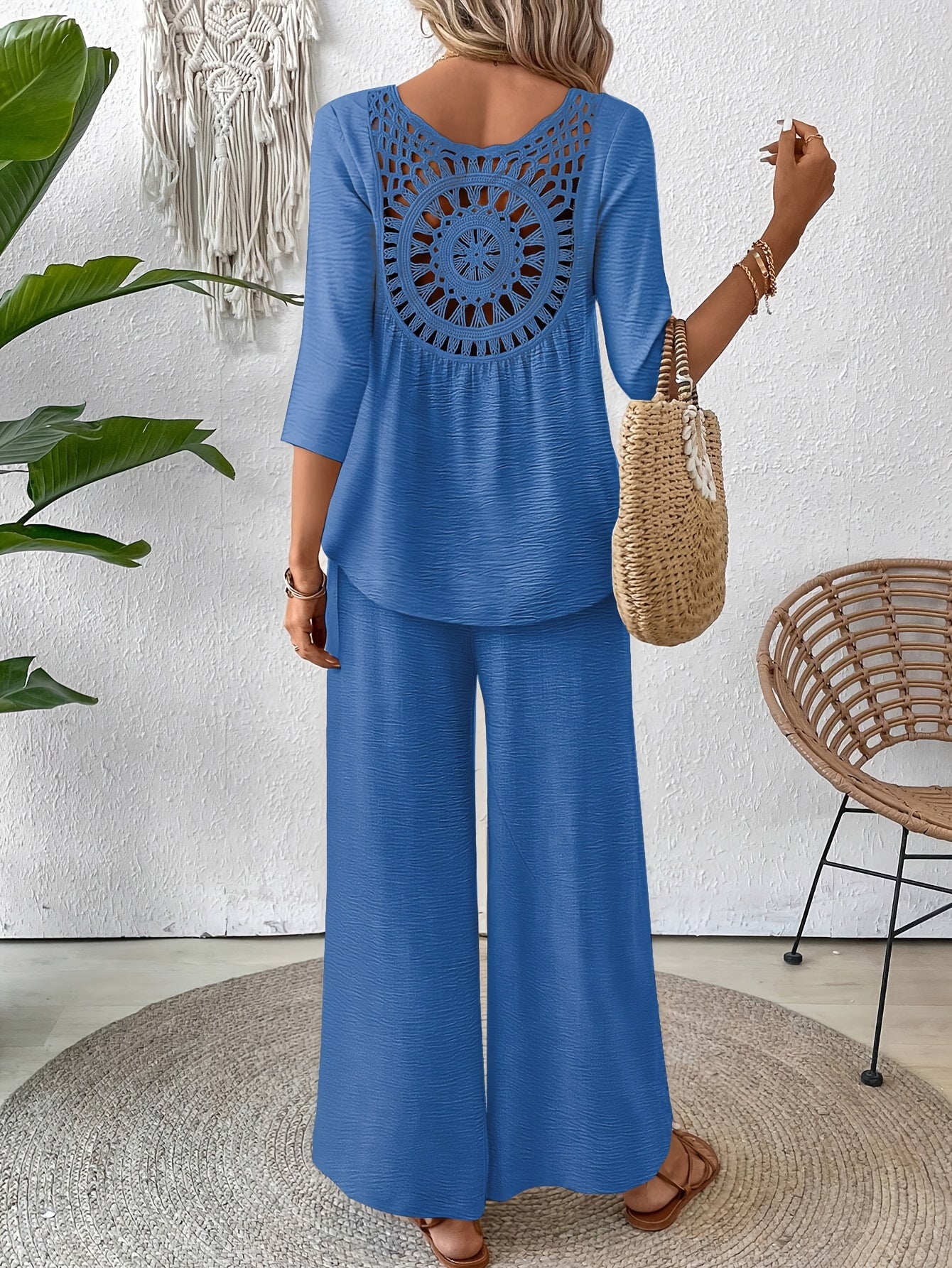 Two-Piece Set Women – 3/4 Sleeve Top & Wide-Leg Pants Vacation Set