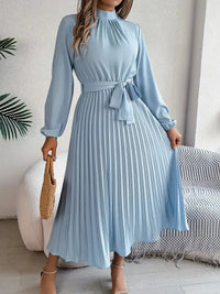 Midi dress for women pleated long sleeves belt at waist for work party
