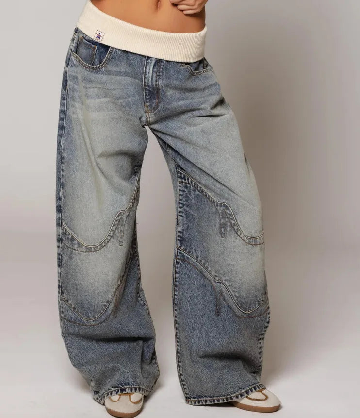 Wide Leg Jeans Dame Højtaljede – Kontrastbund, Lyseblå Vask