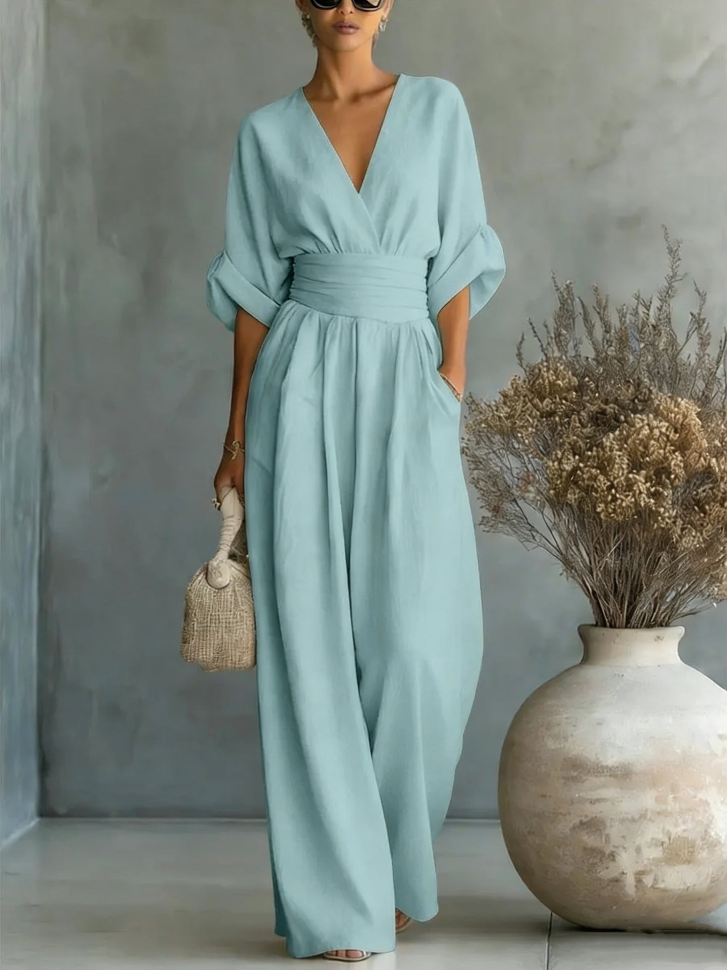 Wide-Leg Jumpsuit Women – V-Neck Cinched Waist Linen-Look Jumpsuit