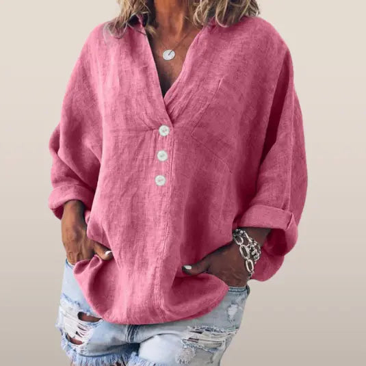 Tove Oversized Hørbluse Dame – V-hals med Knapper og Brystlomme  Panorla