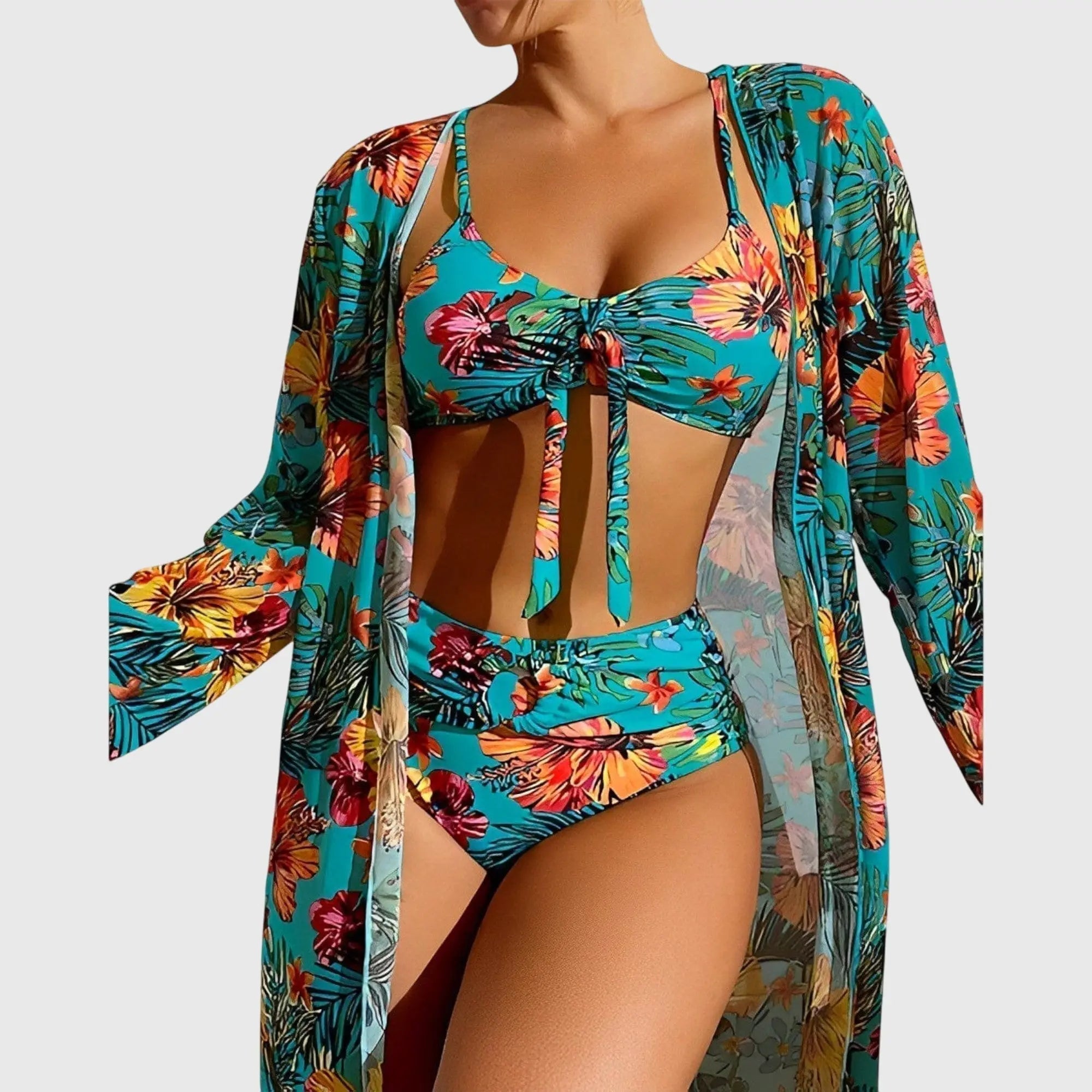 Tropisk Print | 3-Dele Bikini Sæt med Justerbar Top | Høj Talje for Komfort ved Strand og Pool 4