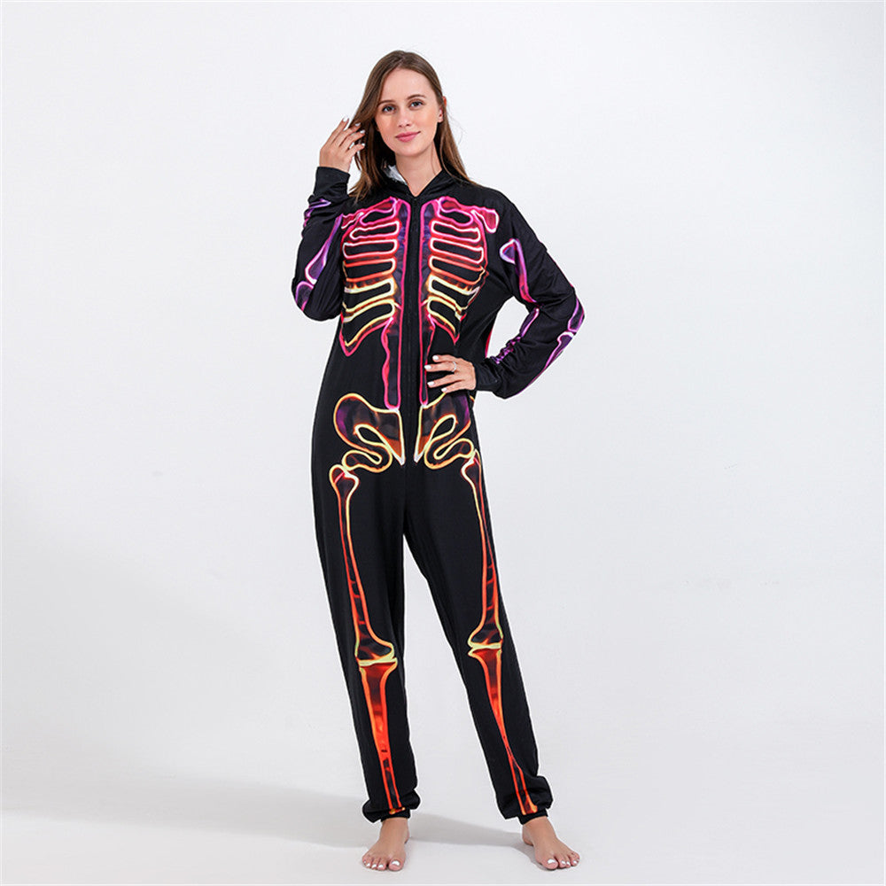 Halloween Onesie Unisex – Sort Skelet Jumpsuit i Ét Stykke