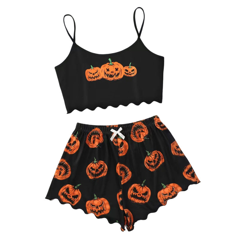 Halloween Pyjamas Dame Sæt – Græskar Print Nattøj med Cami og Shorts