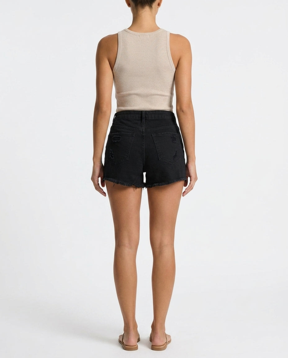 Denimshorts Dame Løs Pasform – Slidte Shorts med Frynser