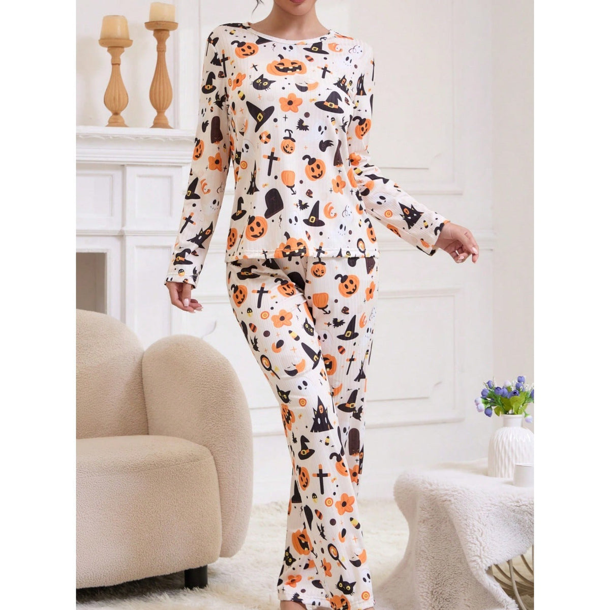 Halloween Pyjamas Dame Sæt – Langærmet Nattøj med Græskar og Spøgelser