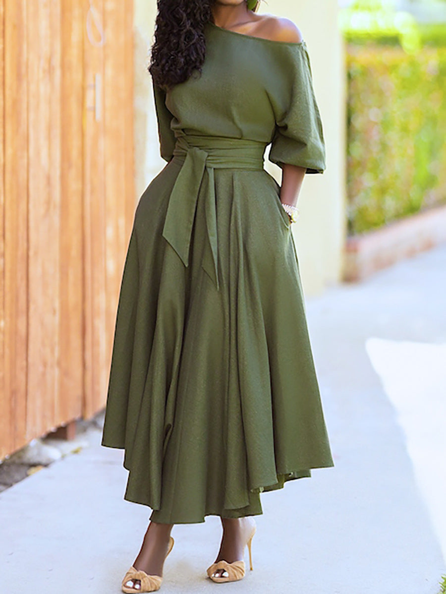 Off-Shoulder Maxikjole Dame – Bindebånd i Taljen