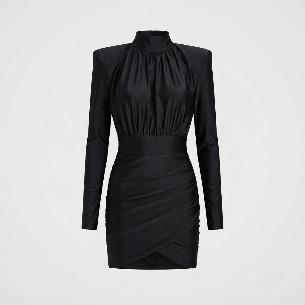 Marszczona Sukienka Mini Damska – Długi Rękaw, Bodycon, Czarna