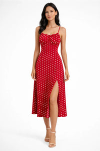 Midi dress women dotted floral with slit narrow straps summer