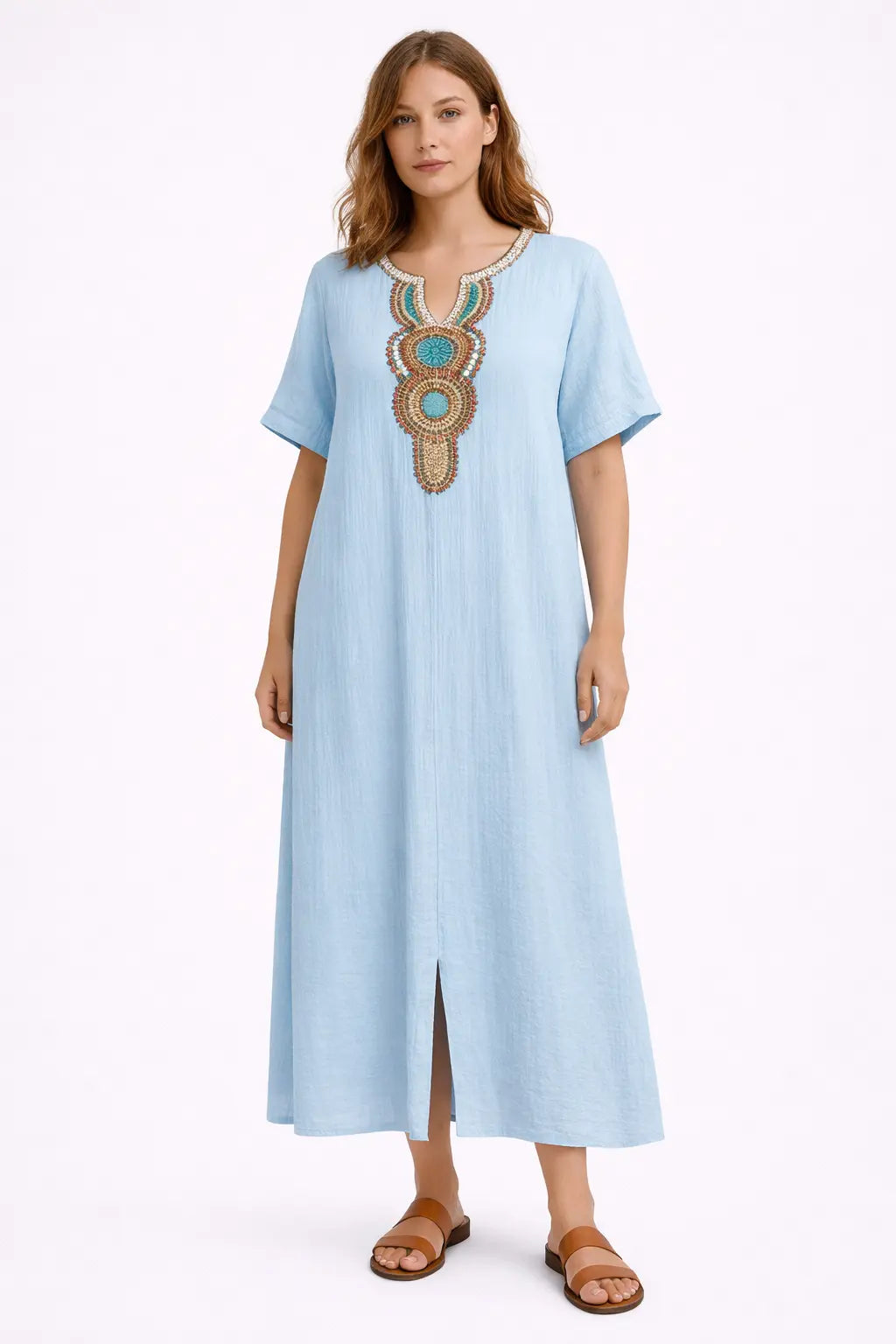Maxi kjole dame kaftan stil med slids relaxed fit til sommer  Panorla