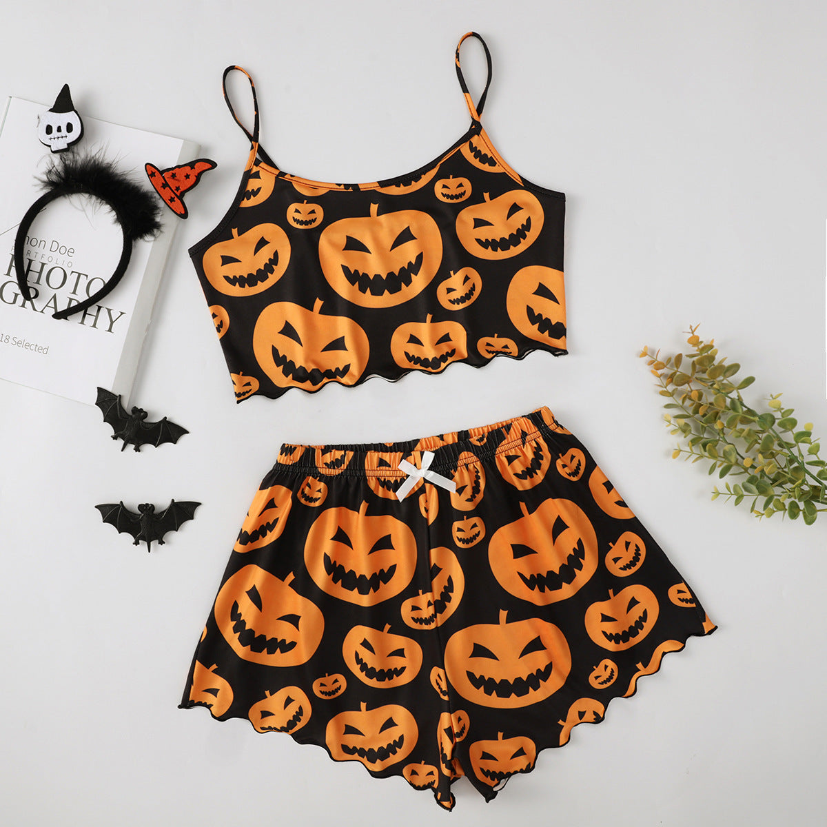 Halloween Pyjamas Dame Sæt – Græskar Print Nattøj med Cami og Shorts