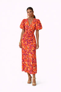 Summer dress women v-neck puff sleeves polyester for beach