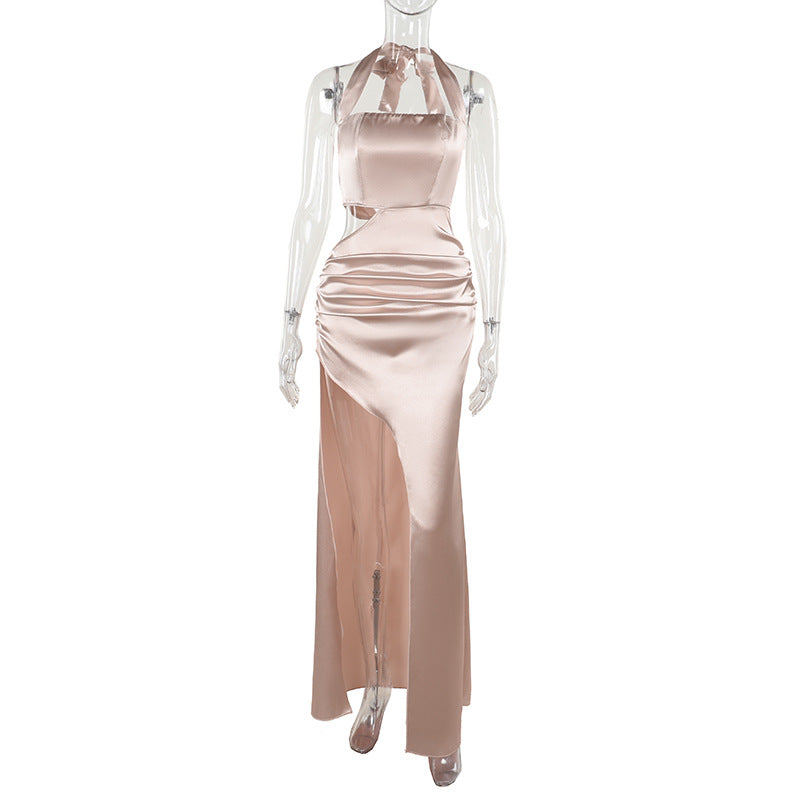 Champagne Maxikjole Dame Halterneck – Cut-Out med Slids