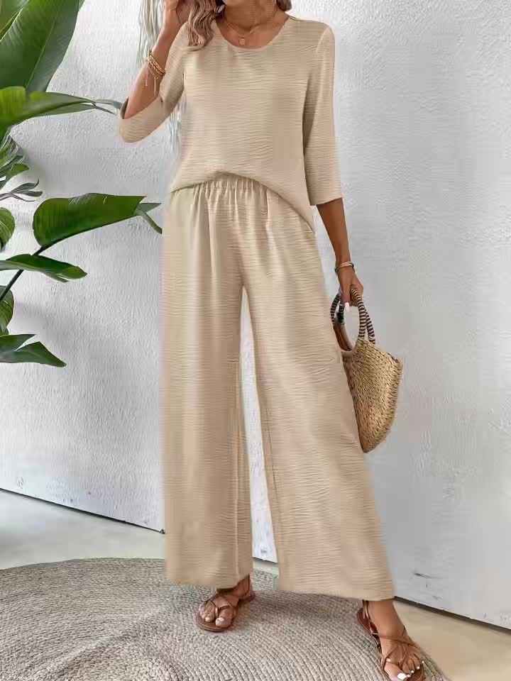 Two-Piece Set Women – 3/4 Sleeve Top & Wide-Leg Pants Vacation Set