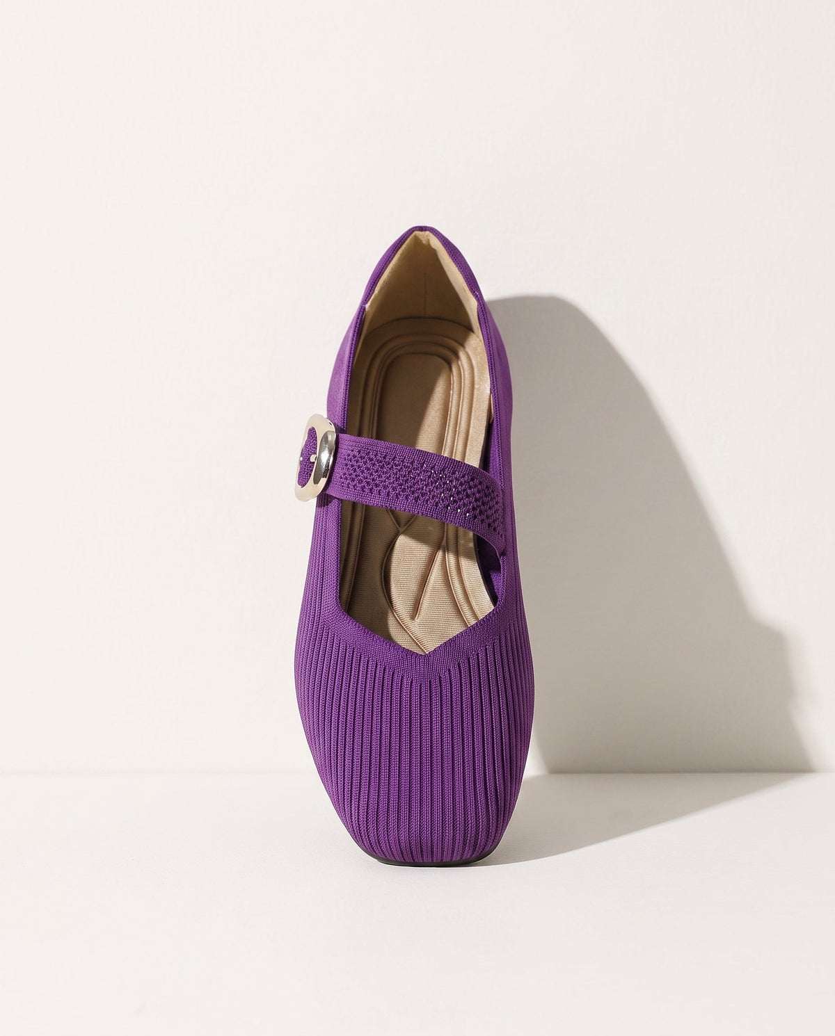 Dzianinowe Baleriny Mary Jane Damskie – Płaskie Buty z Klamrą