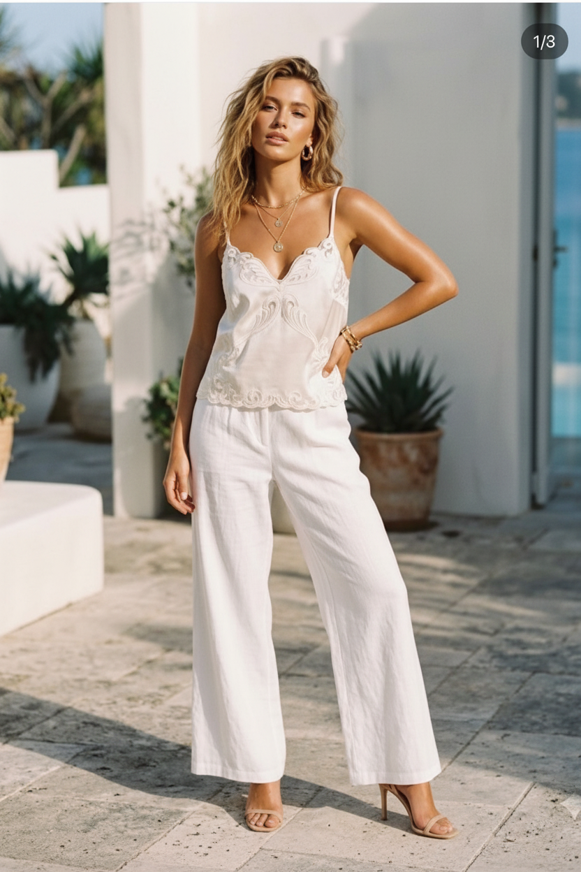 Blonde Camisole Top Dame – Buet Kant med Broderi