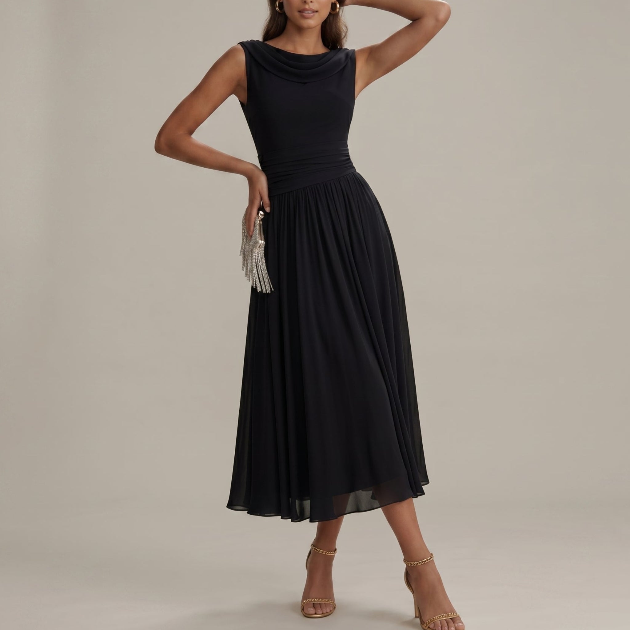 Midi Dress Women – Pleated Wedding Guest Dress with Cowl Back