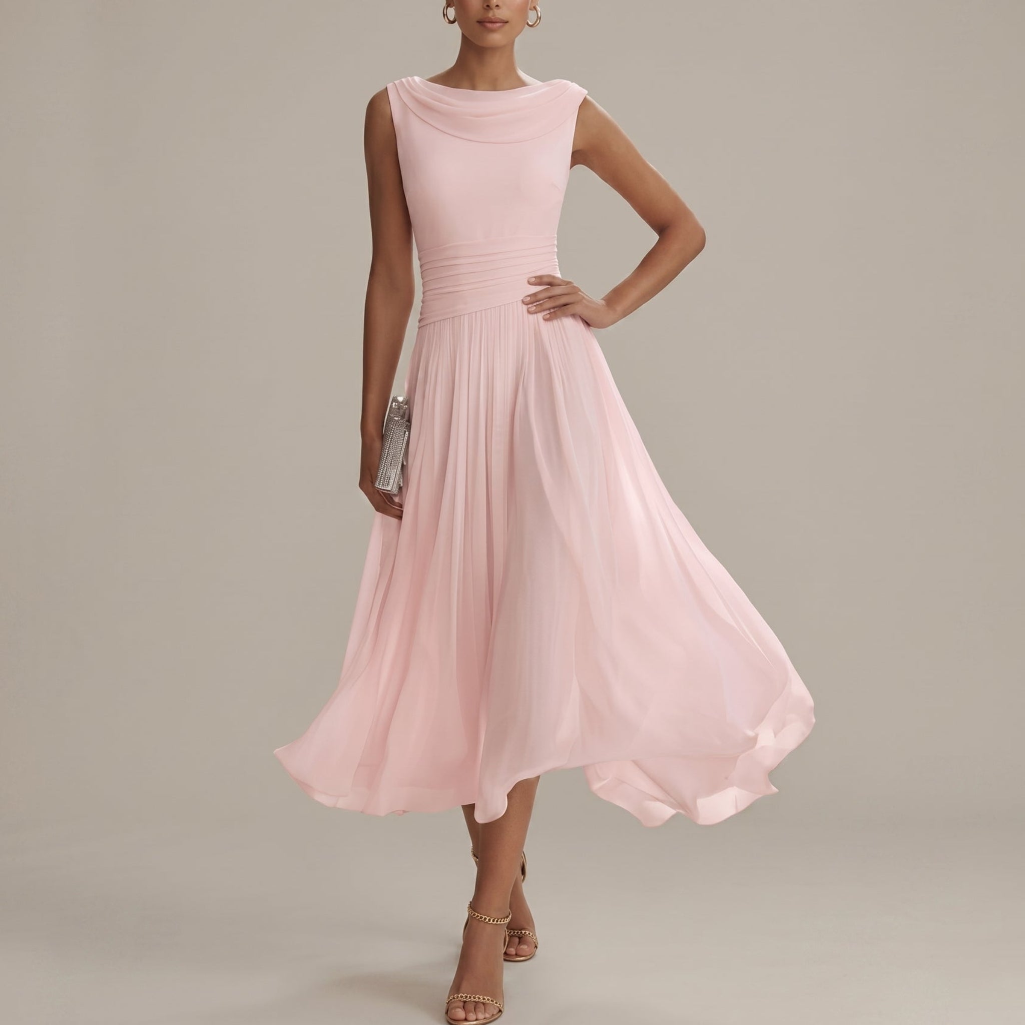 Midi Dress Women – Pleated Wedding Guest Dress with Cowl Back
