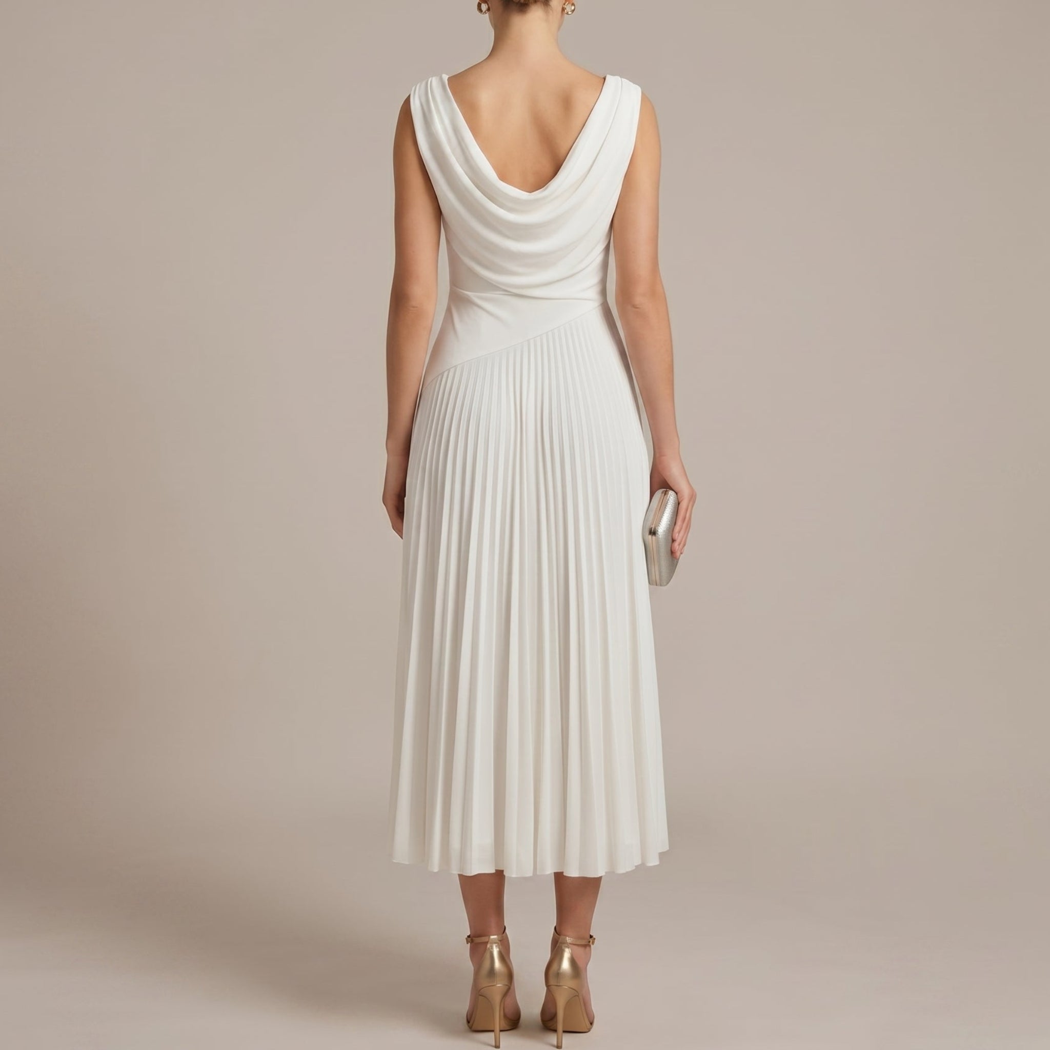 Midi Dress Women – Pleated Wedding Guest Dress with Cowl Back