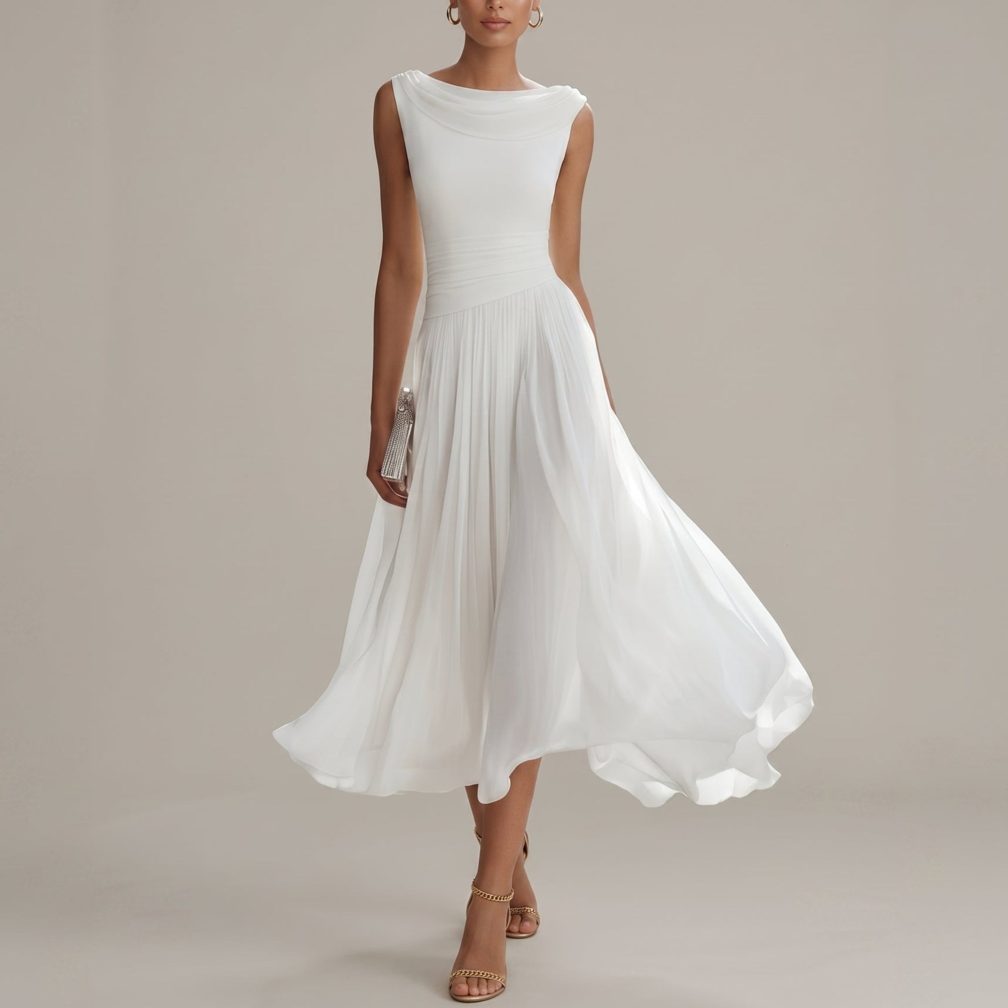 Midi Dress Women – Pleated Wedding Guest Dress with Cowl Back