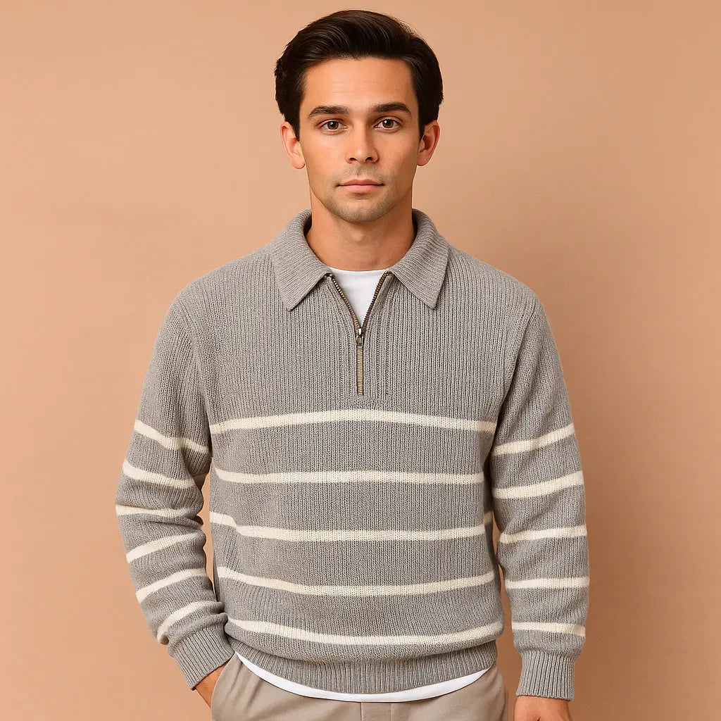 Sweater Herre – Half-Zip med Stribet Design – Let Varm Komfort til Hverdagsbrug