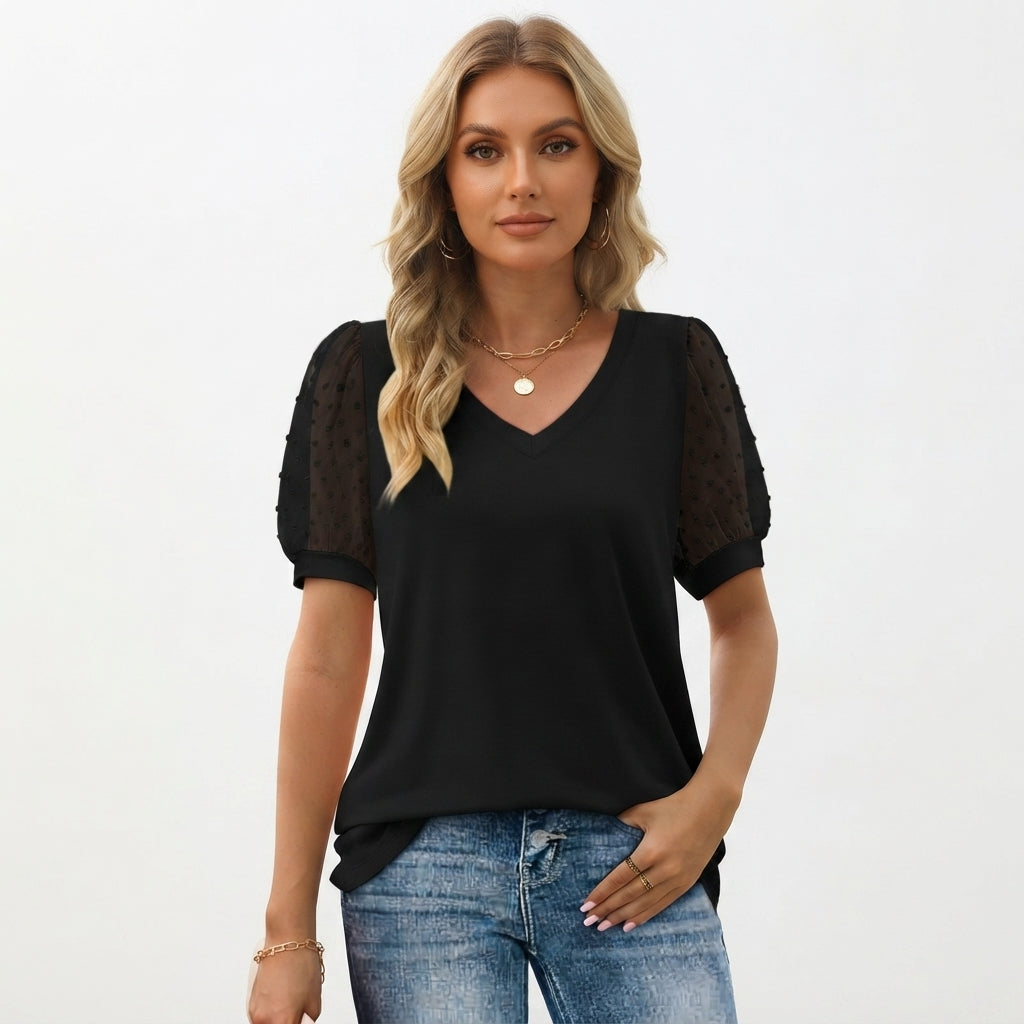 Dot Puff Sleeve Top Women V-Neck – Feminine Top for Work and Parties