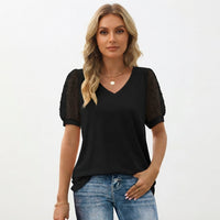 Dot Puff Sleeve Top Women V-Neck – Feminine Top for Work and Parties