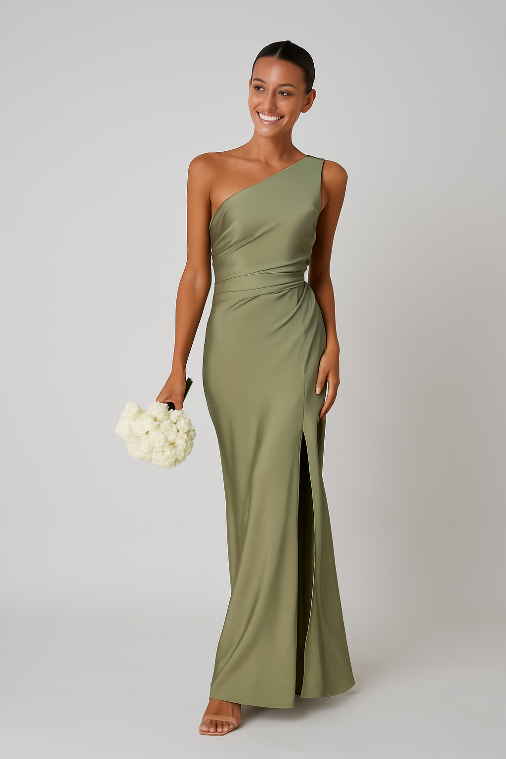 Hedda Grøn | Maxi Kjole med One Shoulder Design & Høj Slids | Sensuel Galla Kjole til Bryllup og Festlige Aftenevents 1