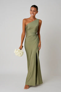 Hedda Grøn Maxi Kjole Dame One Shoulder – Satinlook med Slids