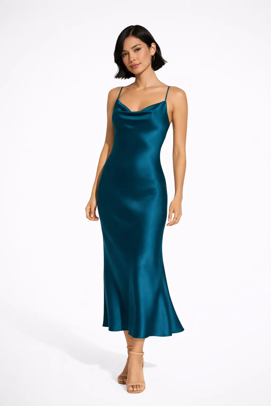 Maxi kjole dame cowl neck satinlook slim fit til bryllup og fest  Panorla