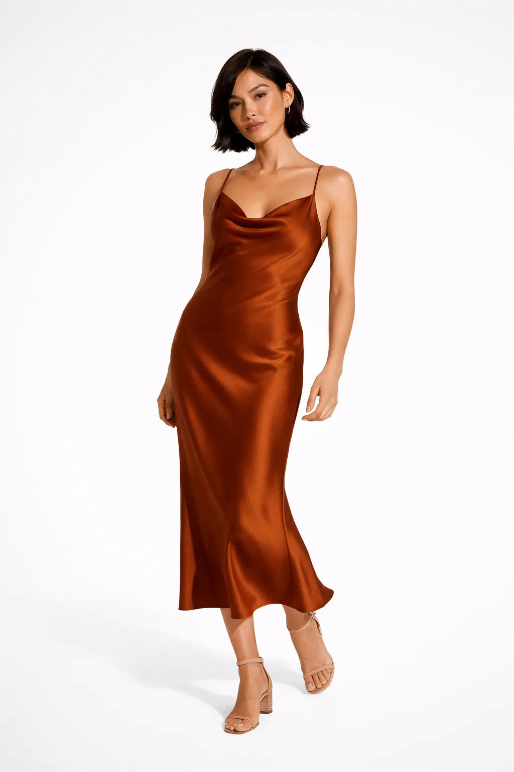 Maxi kjole dame cowl neck satinlook slim fit til bryllup og fest  Panorla