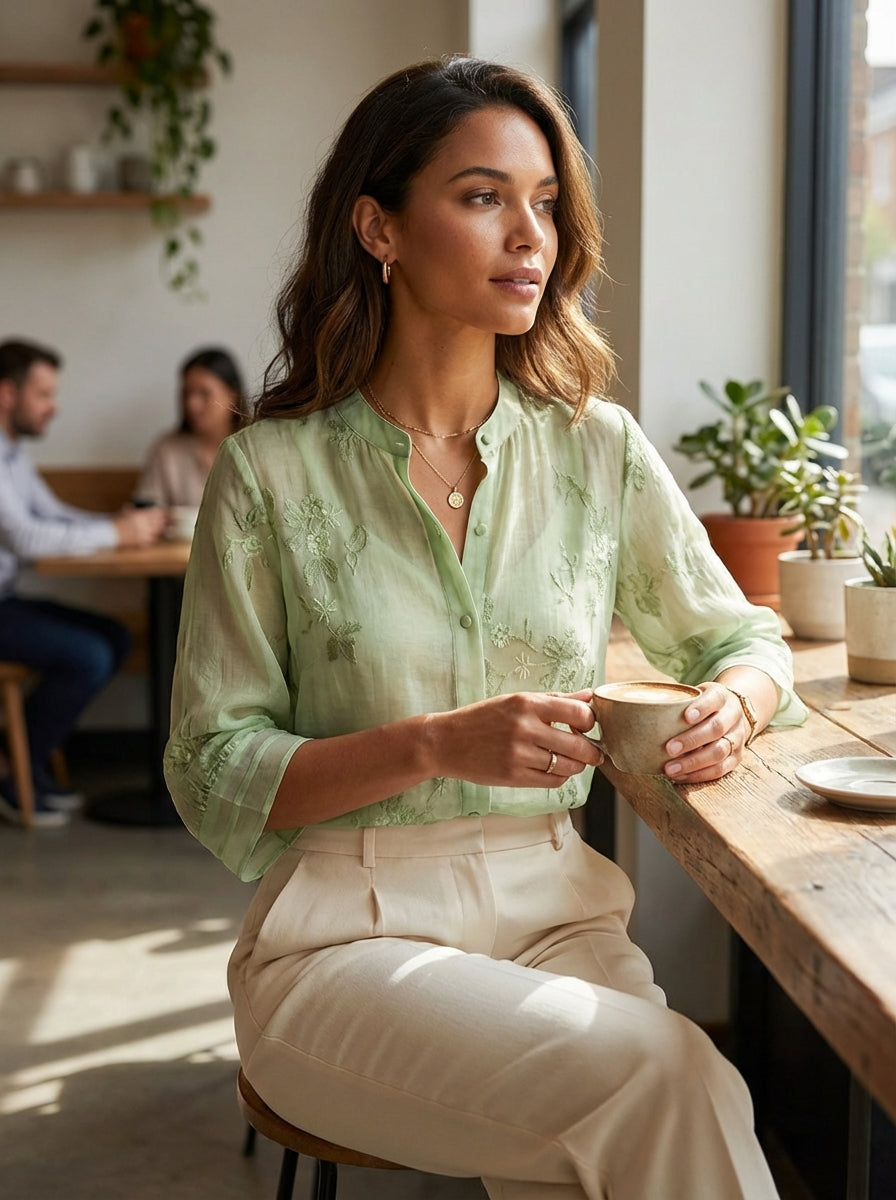 Alba | Bluse Dame med 3/4 Ærmer & Smock Detalje | Let Sommerbluse til Komfort og Stil 2