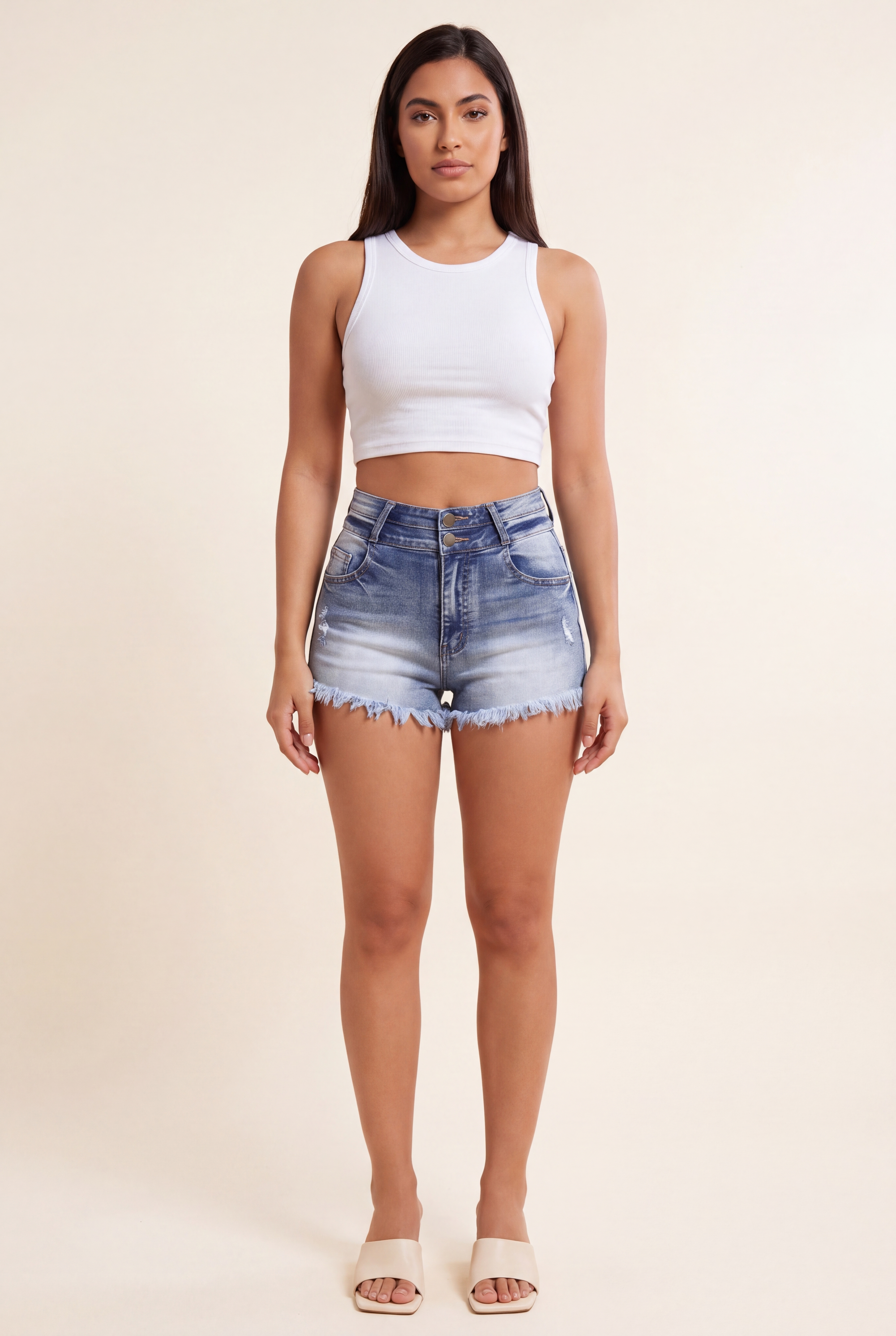 Højtaljede Denim Shorts Dame – Flossede Vaskede Jeans Shorts, Blå