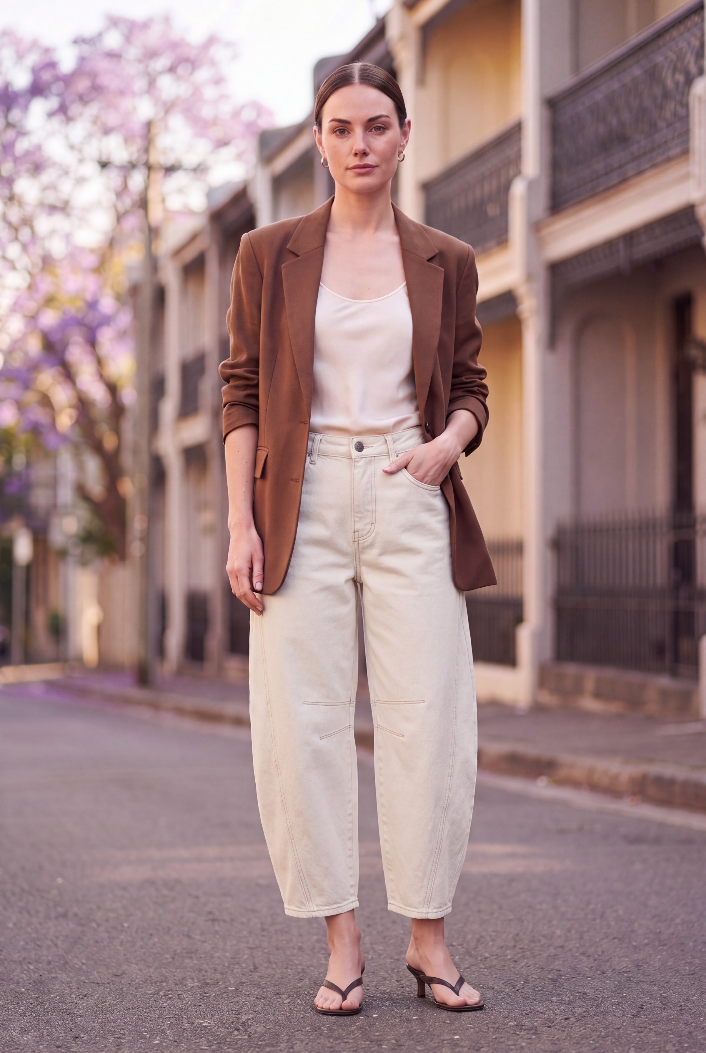 Barrel leg jeans dame i hvid denim styles med brun blazer og creme silketop