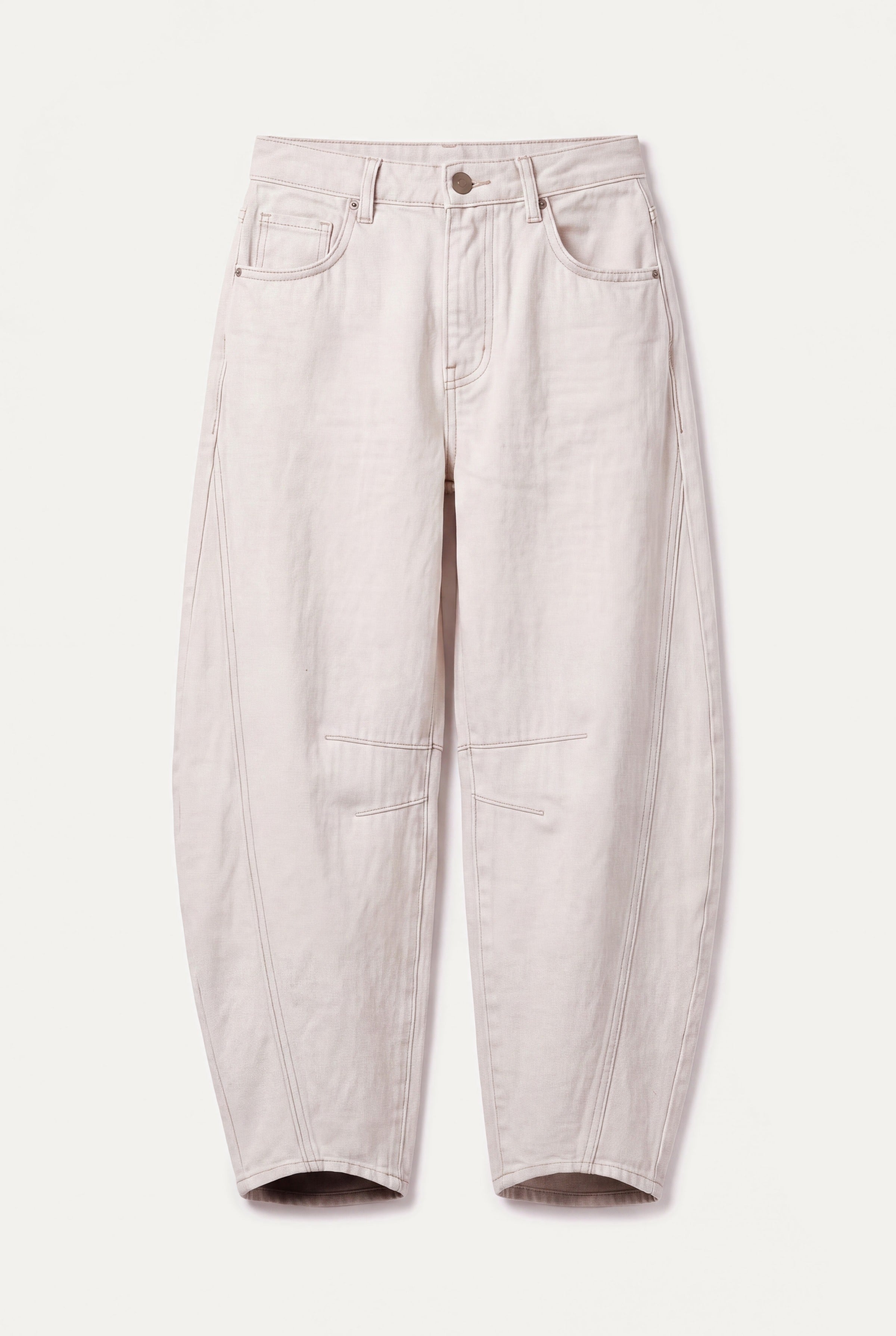 Barrel leg jeans dame i hvid denim, produktbillede lagt fladt