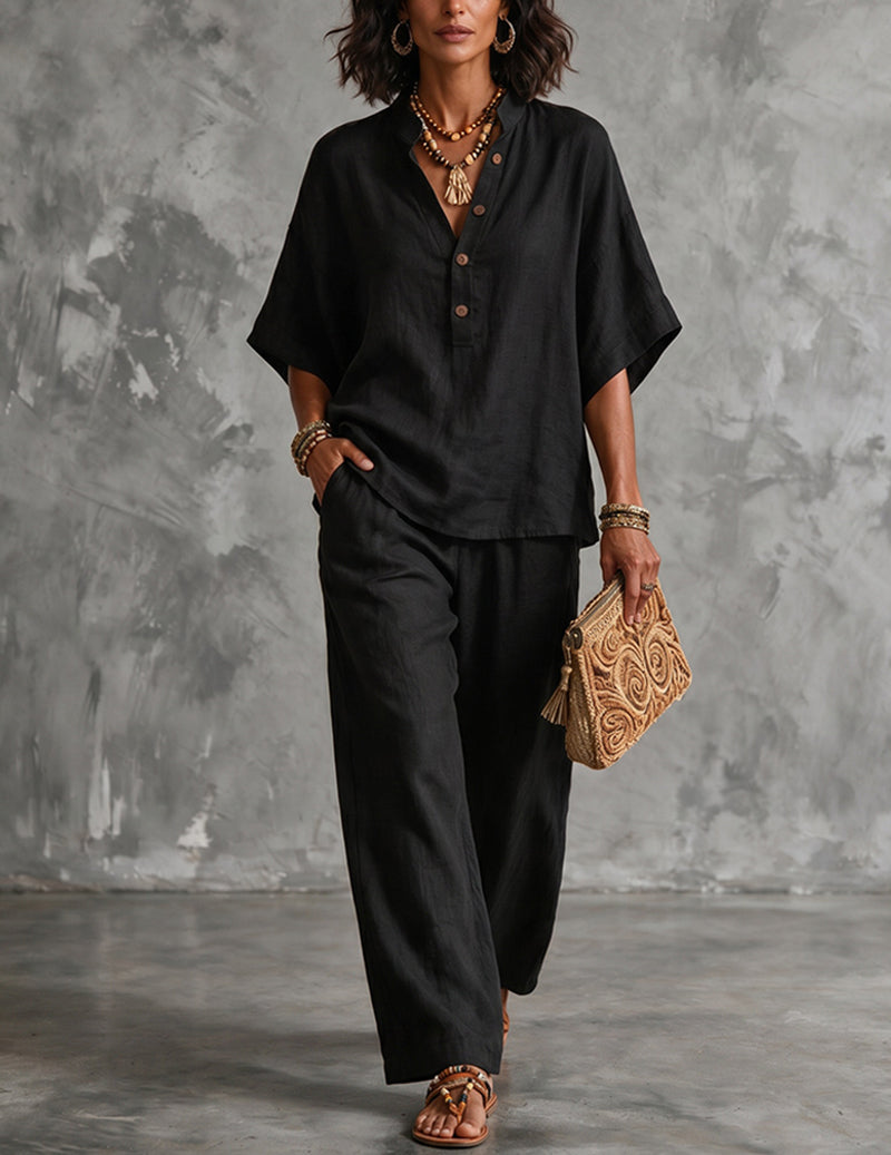 Linen Set Women 2 Piece – Batwing Top & Wide Leg Pants