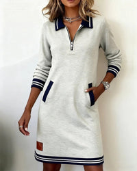 Women's Long Sleeve Cotton Dress – Straight Cut, Zip Front, Pockets