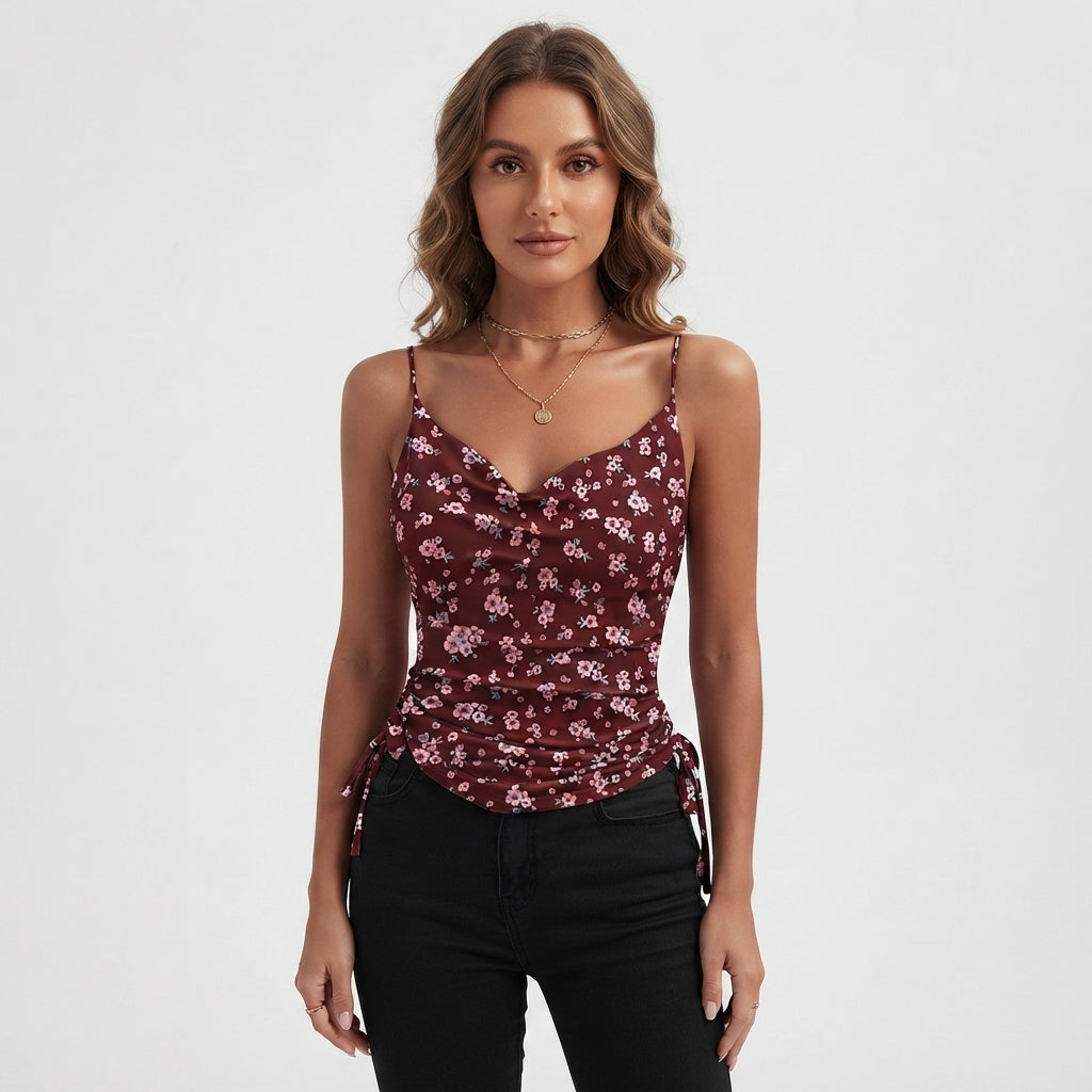 Top Camisole Damski V-Neck – Marszczony Bezrękawnik na Lato
