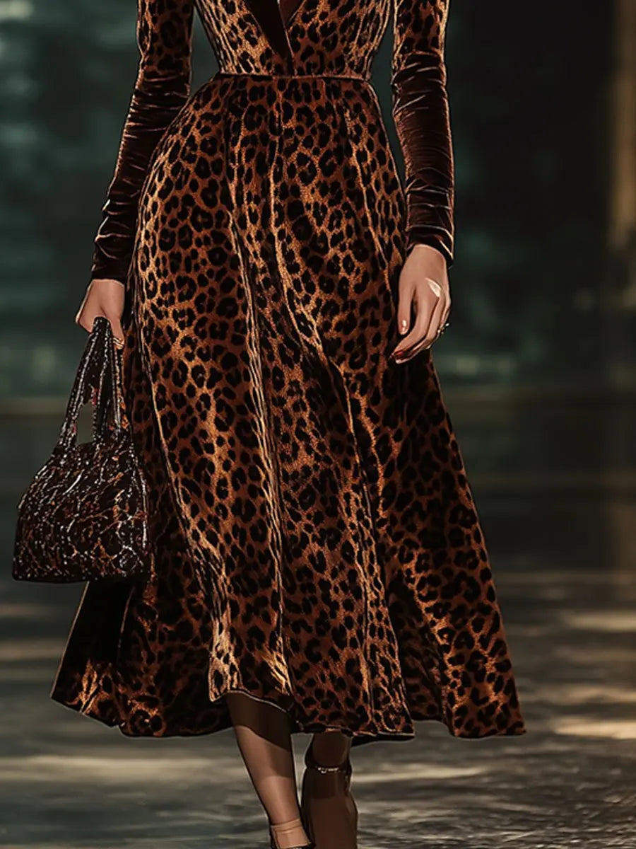 Elegant Velvet Midi Kjole med V-Hals & Lange Ærmer | Dristigt Leopardprint til Aftenarrangementer 3