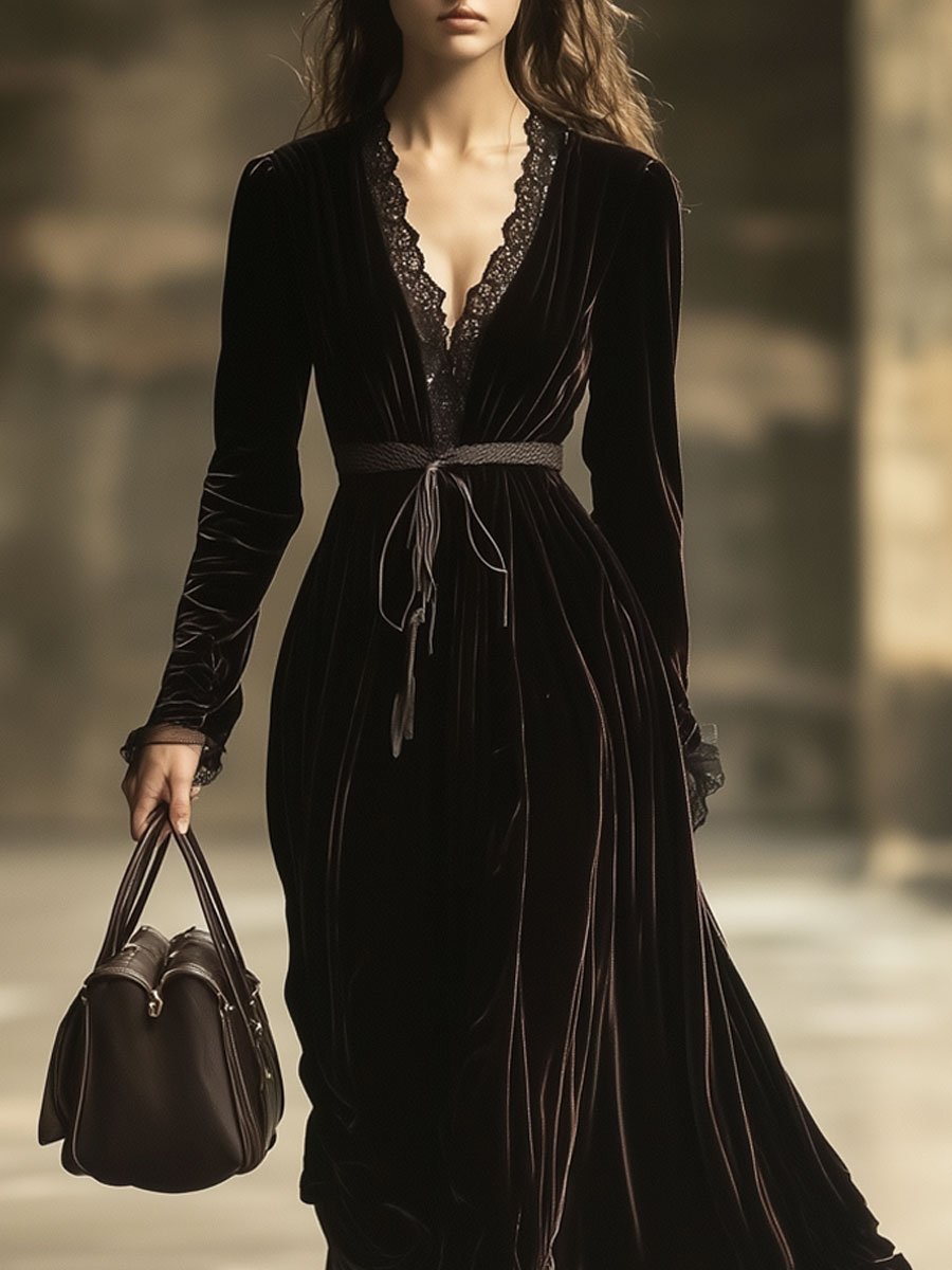 Vivienne Brun Velourskjole Dame – V-hals med Blonde, Maxi