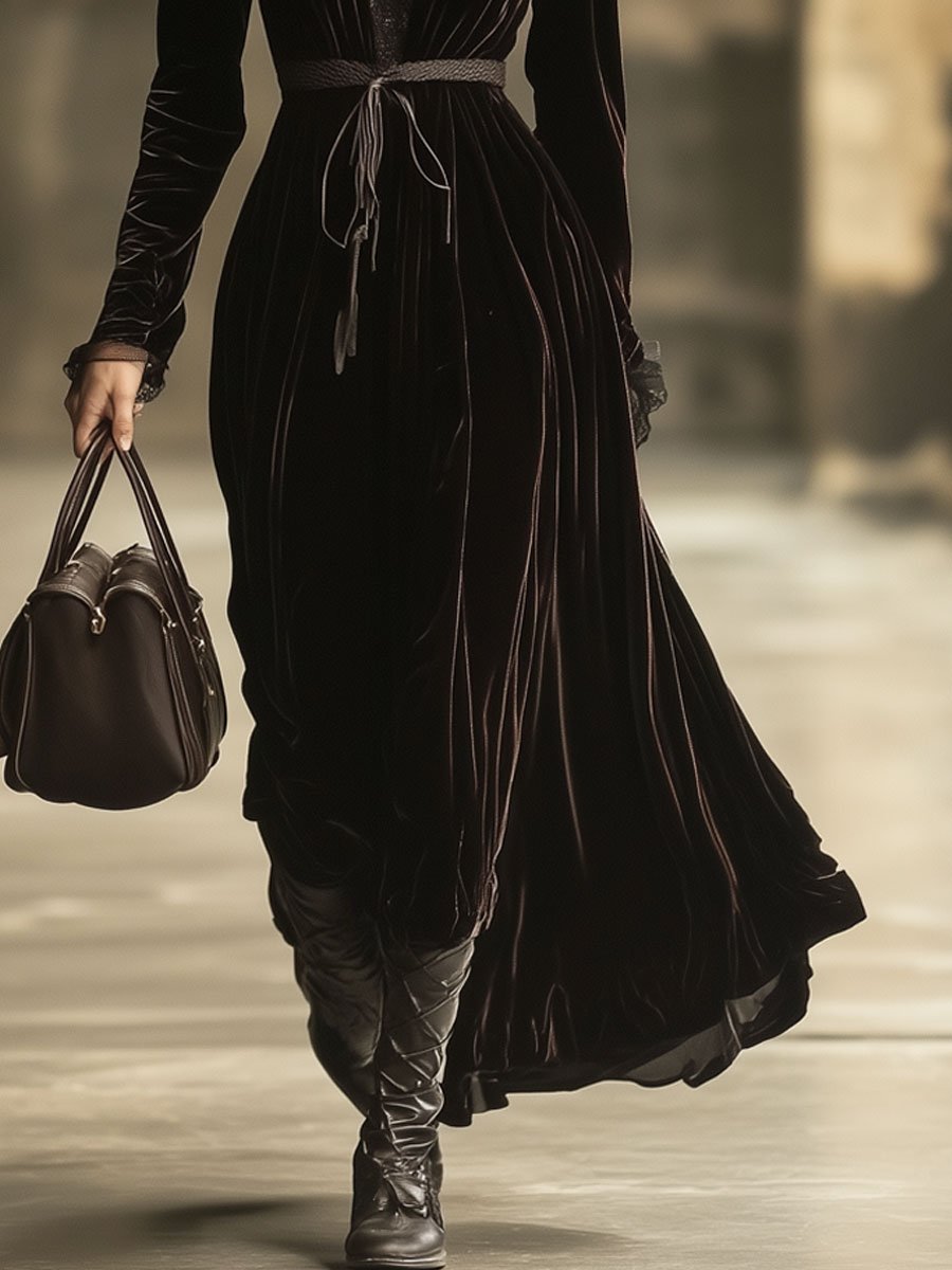 Vivienne Brun Velourskjole Dame – V-hals med Blonde, Maxi