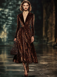 Leona | Elegant Leopard Velvet Midi Dress with Lapel & Long Sleeves