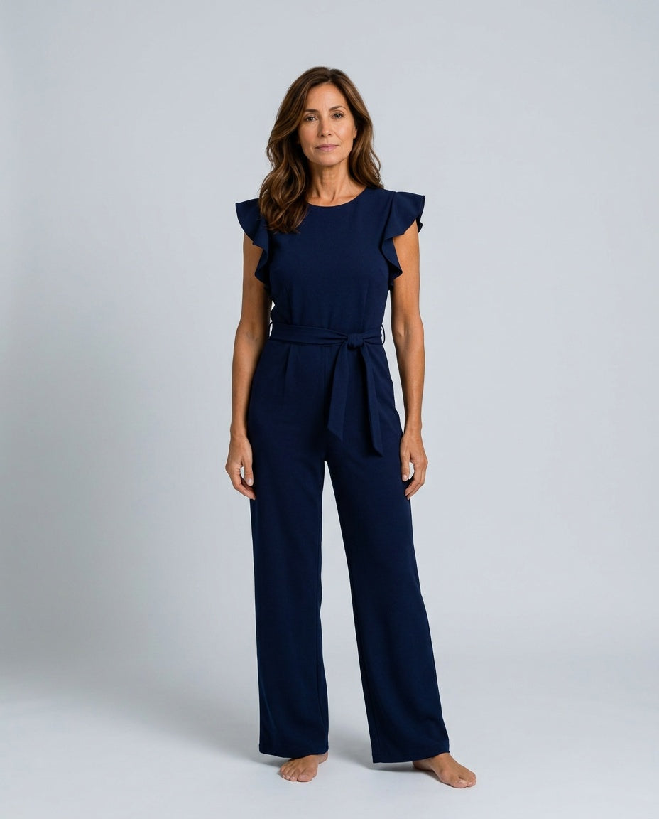 Ruffle Sleeve Jumpsuit Women – Straight Leg Tie Belt Jumpsuit