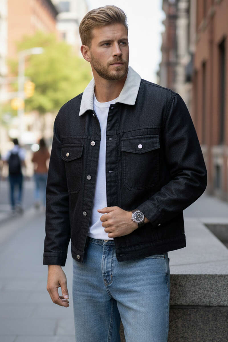 Denimjakke til Herre med Fløjlskrave | Komfortabel Forårsjakke til Hverdagsbrug 1